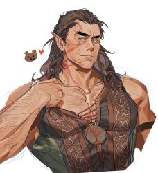 Rule 34 | 1boy, absurdres, arm hair, baldur&#039;s gate, baldur&#039;s gate 3, bara, brown eyes, brown hair, chest hair, dark-skinned male, dark skin, dungeons &amp; dragons, elf, facial tattoo, greensalad350, halsin, heart, highres, long hair, looking at viewer, male focus, mature male, medium hair, muscular, muscular male, pectoral cleavage, pectorals, pointy ears, scar, scar on face, simple background, smile, tank top, tattoo, thick eyebrows