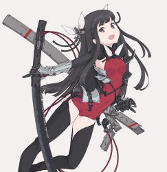 Rule 34 | 1girl, black eyes, black hair, black legwear, blunt bangs, breasts, chaps, gauntlets, hair ribbon, holding, holding sword, holding weapon, kazuoki, leotard, long hair, looking at viewer, open mouth, original, pointy ears, red leotard, ribbon, sheath, sheathed, small breasts, smile, solo, sword, weapon, white ribbon