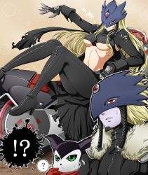 Rule 34 | !?, 1boy, 1girl, ?, bandai, beelstarmon, beelzebumon, behemoth (digimon), biker clothes, black cape, black footwear, black gloves, blonde hair, boots, breasts, cape, claws, curvy, demon, digimon, digimon (creature), domino mask, fang, fur trim, gloves, green eyes, gun, helmet, high heel boots, high heels, impmon, long hair, long sleeves, looking at viewer, mask, medium breasts, midriff, monster boy, monster girl, motor vehicle, motorcycle, navel, nue (himetemari), pale skin, parted lips, pink eyes, red eyes, red scarf, revealing clothes, scarf, seven great demon lords, sitting, sitting on object, smile, sparkle, spoken question mark, stomach, sweat, thigh boots, thighhighs, third eye, torn cape, torn clothes, underboob, weapon, zipper