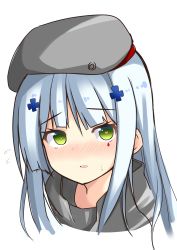 Rule 34 | 1girl, absurdres, blue hair, blush, dot nose, girls&#039; frontline, green eyes, grey hat, hat, heart, highres, hk416 (girls&#039; frontline), portrait, raion (inoueraion), simple background, solo, tagme, white background