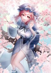 Rule 34 | 1girl, absurdres, blue kimono, breasts, cherry blossom print, cherry blossoms, commentary request, feet out of frame, floral print, frilled kimono, frills, highres, japanese clothes, kimono, large breasts, long sleeves, looking at viewer, pink eyes, pink hair, saigyouji yuyuko, solo, sumishiro 8070, touhou, wide sleeves