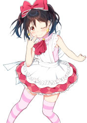 Rule 34 | 1girl, apron, artist name, artist request, bare arms, black hair, blush, bow, collared shirt, female focus, frilled bow, frilled skirt, frills, from side, hair between eyes, hair bow, heart, highres, korekara no someday, looking at viewer, looking to the side, love live!, love live! school idol festival, love live! school idol project, nail polish, nails, one eye closed, petals, pink nails, pink shirt, pink thighhighs, red bow, red eyes, shirt, sidelocks, skirt, sleeveless, sleeveless shirt, smile, solo, striped clothes, striped thighhighs, thighhighs, twintails, white apron, white background, yazawa nico