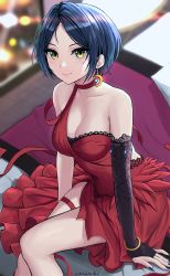 Rule 34 | 1girl, asymmetrical clothes, asymmetrical sleeves, black sleeves, blue hair, blue nails, blurry, blurry background, bracelet, breasts, cleavage, closed mouth, collarbone, crescent, crescent earrings, detached sleeves, dress, earrings, hayami kanade, highres, idolmaster, idolmaster cinderella girls, jewelry, junshiki, layered dress, long sleeves, medium breasts, nail polish, parted bangs, short dress, short hair, signature, single-shoulder dress, single sleeve, sitting, smile, solo, uneven sleeves, yellow eyes