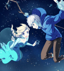 Rule 34 | 1boy, 1girl, :d, bad id, bad pixiv id, blonde hair, blue eyes, braid, collarbone, crossover, elsa (frozen), frozen (disney), green eyes, grin, hood, hoodie, jack frost (rise of the guardians), kisetsu, looking at another, open mouth, outstretched arms, power connection, rise of the guardians, single braid, smile, snow, snowing, spread arms, staff, white hair