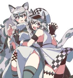 Rule 34 | 2girls, animal ears, arknights, armband, black gloves, black legwear, black shirt, black shorts, blush, cliffheart (arknights), cowboy shot, dress, fang, fur-trimmed gloves, fur trim, gloves, grey eyes, grey hair, grey legwear, highres, holding hands, jacket, jewelry, leopard ears, leopard girl, leopard tail, long hair, looking at viewer, multiple girls, necklace, no panties, open mouth, pelvic curtain, pramanix (arknights), shirt, short hair, shorts, siblings, simple background, single thighhigh, sisters, skin fang, sleeveless, sleeveless jacket, tail, thighhighs, tiara, vegetable noda, white background, white dress, white headwear, white jacket
