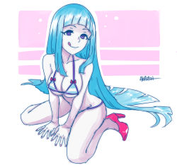 Rule 34 | 1girl, :q, akairiot, bare shoulders, bikini, blue hair, breasts, cleavage, female focus, high heels, long hair, looking at viewer, me!me!me!, meme (me!me!me!), sitting, smile, solo, striped bikini, striped clothes, swimsuit, thighs, tongue, tongue out, very long hair, wariza