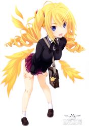 Rule 34 | 10s, 1girl, absurdres, ahoge, bag, blonde hair, blue eyes, cardigan, covered erect nipples, drill hair, feathers, full body, high school dxd, highres, long hair, miniskirt, miyama-zero, official art, ravel phenex, school bag, school uniform, shoes, simple background, skirt, smile, socks, solo, twin drills, twintails, wings