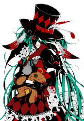 Rule 34 | 1girl, :q, absurdres, blood, dress, female focus, gloves, green hair, hair over one eye, hat, hatsune miku, highres, jewelry, karano, long hair, red eyes, ring, simple background, solo, stuffed animal, stuffed toy, teddy bear, tongue, tongue out, top hat, very long hair, vocaloid, white background