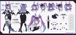 Rule 34 | 1girl, absurdres, animal ears, blue eyes, breasts, character sheet, cottontail (vtuber), dagger, fingernails, fishnets, gradient hair, heart, heart necklace, heterochromia, highres, indie virtual youtuber, jewelry, kamochiru, knife, large breasts, multicolored hair, multiple views, nail polish, necklace, purple eyes, purple hair, weapon