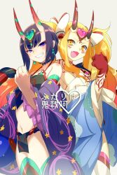 Rule 34 | 2girls, adapted costume, bare shoulders, bikini, black fundoshi, black thighhighs, blonde hair, blue kimono, blush, bow, breasts, chinese clothes, collarbone, cosplay, detached sleeves, dudou, earrings, echo (circa), eyeliner, facial mark, fate/grand order, fate (series), flexing, forehead, forehead jewel, forehead mark, fundoshi, gradient hair, grin, hair bow, hair pulled back, horns, ibaraki douji (fate), ibaraki douji (fate/grand order), ibaraki douji (swimsuit lancer) (fate), ibaraki douji (swimsuit lancer) (first ascension) (fate), ibaraki douji (swimsuit lancer) (third ascension) (fate), japanese clothes, jewelry, kimono, long hair, long sleeves, looking at viewer, low twintails, makeup, multicolored hair, multiple girls, navel, oni, open mouth, pink hair, pointy ears, purple eyes, purple hair, rope belt, sash, short hair, short twintails, shuten douji (fate), shuten douji (fate/grand order), shuten douji (halloween caster) (fate), shuten douji (halloween caster) (fate) (cosplay), sidelocks, skin-covered horns, small breasts, smile, swimsuit, tattoo, thighhighs, thighs, translation request, twintails, very long hair, white bikini, white thighhighs, wide sleeves, yellow eyes