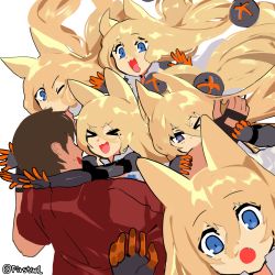 Rule 34 | &gt; &lt;, 1boy, 5girls, against fourth wall, animal ears, biting arm, blonde hair, blue eyes, breasts, coat, commander (girls&#039; frontline), fang, firstw1, fourth wall, g41 (girls&#039; frontline), girls&#039; frontline, griffin &amp; kryuger military uniform, hair between eyes, heart, heart-shaped pupils, highres, hug, imminent hug, long hair, low twintails, mechanical arms, multiple girls, one eye closed, open mouth, peeking, pouncing, short hair, smile, sweatdrop, symbol-shaped pupils, tongue, tongue out, twintails, very long hair