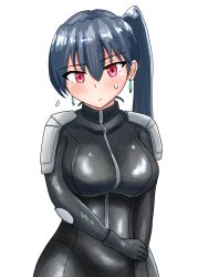Rule 34 | 1girl, biker clothes, bikesuit, black bodysuit, blush, bodysuit, breasts, commentary request, ear piercing, hayabusa nobuwo, highres, knee pads, kukkoro rider, large breasts, long hair, looking at viewer, ministry of land infrastructure and transportation, piercing, red eyes, shoulder pads, side ponytail, simple background, skin tight, solo, white background