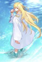 Rule 34 | 1boy, barefoot, blonde hair, bracelet, character request, dress, full body, gem, hiki yuichi, jewelry, long hair, looking at viewer, looking back, ocean, one eye closed, oujitachi no insan, outdoors, red eyes, red gemstone, solo, white dress