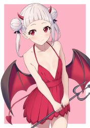 Rule 34 | 1girl, arashi chisato, breasts, closed mouth, collarbone, demon girl, demon horns, demon tail, demon wings, double bun, dress, hair bun, highres, horns, long hair, looking at viewer, love live!, love live! superstar!!, red dress, small breasts, smile, solo, tail, white hair, wings, yutou (u too p)