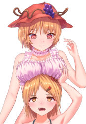 Rule 34 | 2girls, aki minoriko, aki shizuha, arm up, armpits, bare arms, bare shoulders, blonde hair, bra, breast rest, breasts, breasts on head, collar, commentary request, food-themed hair ornament, frilled bra, frilled collar, frills, grabbing, grabbing another&#039;s breast, grape hair ornament, hair ornament, hairclip, halterneck, hand up, hat, highres, large breasts, looking at another, looking down, looking up, mob cap, multiple girls, open mouth, pink bra, portrait, red eyes, red hat, roke (taikodon), short hair, siblings, simple background, sisters, smile, touhou, underwear, upper body, white background, white collar