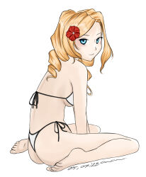 Rule 34 | 1girl, anon., ass, barefoot, bikini, blonde hair, blue eyes, breasts, dated, drill hair, flower, hair flower, hair ornament, highres, honolulu (kancolle), kantai collection, large breasts, long hair, looking at viewer, official alternate costume, side-tie bikini bottom, simple background, sitting, solo, swimsuit, thong bikini, twin drills, wariza, white background, white bikini