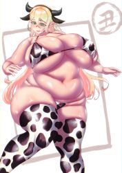 Rule 34 | 1girl, animal ears, animal print, bikini, blonde hair, bra, breasts, bursting breasts, cleavage, cow ears, cow horns, cow print, elf, fat, green eyes, hairband, highres, horns, huge breasts, illust syoubon, long hair, muffin top, plump, pointy ears, solo, swimsuit, thick thighs, thighhighs, thighs, underwear