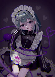 Rule 34 | 1girl, absurdres, alternate costume, apron, black jacket, blush, enmaided, feet out of frame, frilled apron, frills, green eyes, green hair, hair between eyes, hair ornament, heart, heart of string, highres, jacket, jersey, komeiji koishi, maid, maid apron, maid headdress, open mouth, short hair, sleeves past fingers, sleeves past wrists, solo, third eye, touhou, white apron, x hair ornament, yumeno ruruka