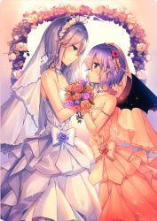 Rule 34 | 2girls, bare shoulders, bat wings, blue eyes, blue hair, bouquet, bridal veil, bride, commentary request, dress, eye contact, flower, from side, happy tears, highres, holding, holding flower, izayoi sakuya, kirero, looking at another, maid headdress, multiple girls, pink dress, pointy ears, red eyes, remilia scarlet, short hair, silver hair, smile, strapless, strapless dress, tears, touhou, veil, wedding, wedding dress, white dress, wife and wife, wings, yuri