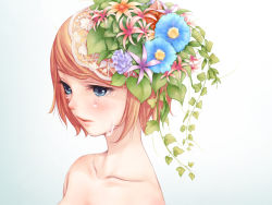 Rule 34 | 1girl, bad id, bad pixiv id, blonde hair, blue eyes, close-up, collarbone, f-cla, female focus, flower, gradient background, kagamine rin, short hair, solo, tears, topless, vocaloid