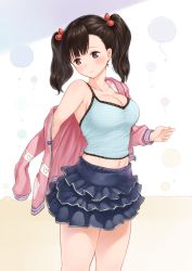 Rule 34 | 1girl, absurdres, black hair, blush, breasts, cleavage, food-themed hair ornament, hair ornament, highres, jacket, midriff, navel, neo-masterpeacer, shirt, solo, strawberry hair ornament, taut clothes, taut shirt, twintails