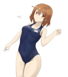 Rule 34 | 1girl, :o, absurdres, bandaid, bandaid on face, blue one-piece swimsuit, breasts, brown eyes, brown hair, collarbone, covered navel, dutch angle, highres, kantai collection, light brown hair, minoa 11touhei, new school swimsuit, oboro (kancolle), one-piece swimsuit, school swimsuit, short hair, simple background, small breasts, solo, swimsuit, twitter username, white background