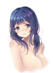 Rule 34 | 10s, 1girl, alternate hairstyle, blue eyes, blue hair, breasts, emia wang, hair ribbon, kantai collection, large breasts, looking at viewer, low twintails, medium hair, nude, ribbon, simple background, smile, solo, souryuu (kancolle), twintails, upper body, white background