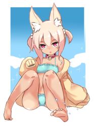 Rule 34 | 1girl, animal ear fluff, animal ears, bare legs, bare shoulders, barefoot, bell, bikini, blonde hair, blue bikini, blue sky, blush, borrowed character, breasts, brown jacket, cloud, cloudy sky, collar, collarbone, commentary request, day, fox ears, frilled bikini, frills, full body, hair between eyes, hair bobbles, hair ornament, jacket, jingle bell, karukan (monjya), kemomimi-chan (naga u), knees up, long hair, long sleeves, looking at viewer, navel, neck bell, off shoulder, open clothes, open jacket, original, parted lips, red collar, red eyes, sidelocks, sitting, sky, sleeves past fingers, sleeves past wrists, small breasts, soles, solo, swimsuit, tan, two side up