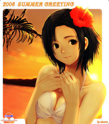 Rule 34 | 00s, 1girl, 2006, beach, bikini, bikini top only, black eyes, black hair, blush, breasts squeezed together, breast suppress, breasts, cleavage, english text, flower, hair flower, hair ornament, halterneck, hand on own chest, hands on own chest, hibiscus, medium breasts, shochuumimai, short hair, smile, solo, suke akurou, sun, sunset, swimsuit, water