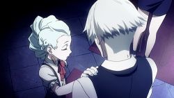 Rule 34 | 10s, 1boy, 1girl, animated, animated gif, death parade, decim (death parade), lowres, nail polish, nona (death parade), ponytail, smile, white hair