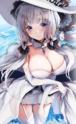 Rule 34 | 1girl, absurdres, azur lane, bare shoulders, blue eyes, blush, breasts, cleavage, closed mouth, detached collar, dress, elbow gloves, floating hair, garter straps, gloves, hair ribbon, hat, highres, illustrious (azur lane), jewelry, lace trim, large breasts, long hair, looking at viewer, mole, mole under eye, ocean, pendant, ribbon, sak (lemondisk), silver hair, smile, strapless, strapless dress, sun hat, thighhighs, tress ribbon, tri tails, white dress, white gloves, white hat, white thighhighs