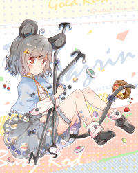 Rule 34 | 1girl, absurdres, ahoge, animal ears, apple, basket, black footwear, bobby socks, bow, bridal garter, capelet, cheese, cherry, dress, floating, food, food print, frilled socks, frills, fruit, full body, grey dress, grey hair, hair bow, heart, highres, holding, holding with tail, long sleeves, looking at viewer, macaron, mouse ears, mouse girl, mouse tail, nazrin, orange eyes, plug (feng-yushu), prehensile tail, shoes, short hair, smile, socks, solo, strawberry, striped, striped bow, tail, tail bow, tail ornament, thigh cuffs, touhou, ufo, white socks