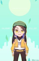 Rule 34 | 1girl, animification, arms at sides, beanie, belt, black pants, black scarf, blush, calorie bibouroku, character name, chibi, copyright name, glasses, green hat, hat, highres, jacket, killjoy (valorant), moon, open hands, open mouth, pants, round eyewear, scarf, shirt, solo, straight-on, surprised, valorant, white shirt, yellow belt, yellow eyes, yellow jacket