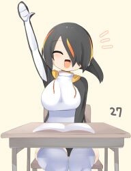 Rule 34 | 1girl, arm up, black hair, black jacket, blush, book, breasts, chair, closed eyes, commentary request, desk, emperor penguin (kemono friends), feet out of frame, hair between eyes, hair over one eye, headphones, highres, jacket, kemono friends, large breasts, lets0020, long bangs, multicolored hair, notice lines, numbered, one-piece swimsuit, open book, open clothes, open jacket, open mouth, orange hair, short hair, simple background, smile, solo, streaked hair, swimsuit, thighhighs, white one-piece swimsuit, white thighhighs, yellow background