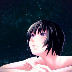 Rule 34 | 1girl, amagami, black eyes, black hair, black sky, blush, close-up, closed mouth, commentary, crossed arms, film grain, hair between eyes, highres, lips, looking up, making-of available, nanasaki ai, night, night sky, nose, nude, oshizu, outdoors, portrait, short hair, sky, solo, star (sky), starry sky, wet
