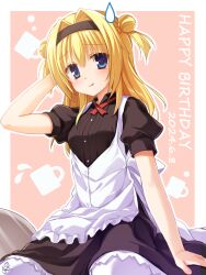 Rule 34 | 1girl, 2024, :q, apron, arm at side, black hairband, black shirt, black skirt, blonde hair, blue eyes, blush, border, breasts, chaamii, chitose sana, closed mouth, commentary request, cowboy shot, dated, double bun, eyes visible through hair, frilled apron, frilled skirt, frills, hair between eyes, hair bun, hair intakes, hairband, hand up, happy birthday, highres, long hair, looking at viewer, neck ribbon, pantyhose, pink background, puffy short sleeves, puffy sleeves, raised eyebrows, red ribbon, ribbon, shirt, short sleeves, signature, simple background, skirt, small breasts, smile, solo, straight hair, sweatdrop, tenshinranman, tongue, tongue out, two side up, waitress, white apron, white border, white pantyhose