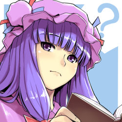 Rule 34 | 1girl, ?, bad id, bad pixiv id, book, female focus, hat, holding, holding book, open book, patchouli knowledge, portrait, purple eyes, purple hair, reading, shiba itsuki, solo, touhou