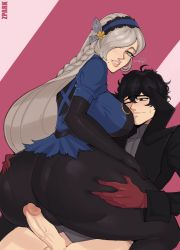Rule 34 | 1boy, 1girl, absurdres, aged up, amamiya ren, artist name, ass, black eyes, black hair, blush, breasts, coat, face to breasts, gloves, hair over one eye, hairband, hands on another&#039;s thighs, heart, highres, large breasts, lavenza (persona 5), lips, long hair, messy hair, mole, mole under mouth, pantyhose, parted lips, penis, persona, persona 5, platinum blonde hair, red gloves, short hair, spoilers, torn clothes, uncensored, yellow eyes, zpark