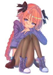 Rule 34 | 1boy, absurdres, astolfo (fate), astolfo (memories at trifas) (fate), bad id, bad pixiv id, black bow, black pantyhose, blush, bow, braid, commentary request, fang, fate/grand order, fate (series), hair bow, hair intakes, hair ribbon, highres, long hair, looking at viewer, male focus, multicolored hair, official alternate costume, open mouth, pantyhose, pink hair, purple eyes, purple footwear, ribbon, shoes, simple background, single braid, smile, solo, streaked hair, tihoro1609, trap, white background