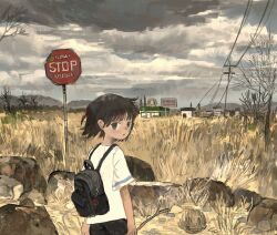 Rule 34 | 1girl, absurdres, akziqi, backpack, bag, bare tree, building, cowboy shot, day, doughnut shop, dry grass, field, floating hair, from behind, highres, holding, holding stick, looking at viewer, looking back, mountainous horizon, open mouth, original, outdoors, overcast, power lines, road sign, rock, scenery, shirt, short hair, short sleeves, sign, sky, solo, standing, stick, stop sign, t-shirt, tree, tumbleweed, utility pole, white shirt