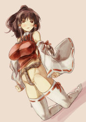 Rule 34 | 1girl, :/, bare shoulders, blush, breasts, brown eyes, brown hair, detached collar, full body, groin, hair tubes, hakurei reimu, impossible clothes, impossible shirt, kneeling, large breasts, looking at viewer, no headwear, panties, ponytail, rope, shirt, solo, thighhighs, touhou, underwear, white panties, white thighhighs, wide sleeves, yohane