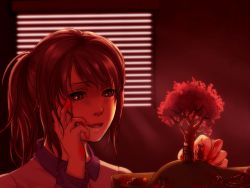 Rule 34 | 1girl, ayano aishi, backlighting, window blinds, character doll, cherry blossoms, eyebrows hidden by hair, fake blood, hand on own face, indoors, model, monochrome, paint, ponytail, red theme, sm-exery, solo, swept bangs, window, yandere simulator, yandere trance
