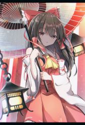 Rule 34 | 1girl, absurdres, ascot, bow, brown hair, commentary request, detached sleeves, hair bow, hair tubes, hakurei reimu, highres, holding, holding umbrella, iyo (ya na kanji), lantern, letterboxed, long hair, looking at viewer, oil-paper umbrella, red bow, red eyes, red skirt, skirt, solo, touhou, umbrella, wide sleeves, yellow ascot
