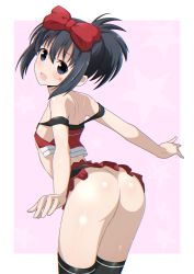 Rule 34 | 1girl, arched back, ass, bare shoulders, black hair, black thighhighs, blue eyes, blush, bow, chromatic aberration, cuffs, flat chest, from behind, hair bow, highres, kunihiro hajime, legs together, looking at viewer, looking back, no panties, ponytail, revealing clothes, saki (manga), shiny skin, short hair, skirt, smile, solo, standing, star (symbol), thighhighs, xiao rui rui