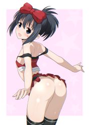 1girl arched_back ass bare_shoulders black_hair black_thighhighs blue_eyes blush bow chromatic_aberration cuffs female_focus flat_chest from_behind hair_bow highres kunihiro_hajime legs_together looking_at_viewer looking_back no_panties ponytail revealing_clothes saki_(manga) shiny_skin short_hair skirt smile solo standing star_(symbol) thighhighs xiao_rui_rui