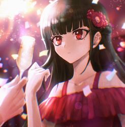 Rule 34 | 1girl, 1other, bare shoulders, blunt bangs, blush, collarbone, commentary request, cup, danganronpa (series), danganronpa 10th anniversary costume, danganronpa v3: killing harmony, dress, flower, frown, hair flower, hair ornament, hand up, harukawa maki, highres, holding, holding cup, long hair, mole, mole under eye, official alternate costume, red dress, red eyes, red flower, solo focus, visket53