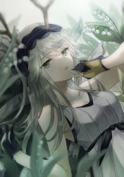 Rule 34 | 1girl, arknights, black gloves, black hairband, dress, firewatch (wilted cypress) (arknights), flower, gloves, green eyes, grey dress, grey hair, hairband, highres, lily of the valley, long hair, looking at viewer, official alternate costume, plant, saiko (saisaka), sleeveless, sleeveless dress, solo, two-tone gloves, upper body, yellow gloves