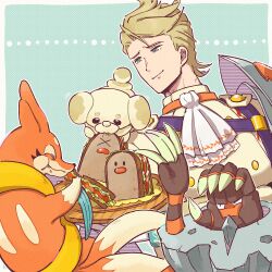 1boy 3others ascot blonde_hair blue_eyes bunet_(fire_emblem) character-themed_food closed_mouth creatures_(company) dugtrio eifilet fire_emblem fire_emblem_engage food game_freak gen_1_pokemon looking_at_another multiple_others nintendo pokemon pokemon_(creature) sandwich white_ascot