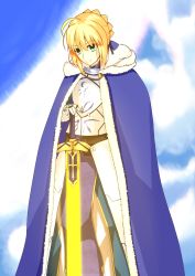 Rule 34 | 1girl, ahoge, armor, artoria pendragon (fate), blonde hair, cape, cloud, excalibur (fate/stay night), fate/grand order, fate/stay night, fate (series), fur-trimmed cape, fur trim, glowing, glowing sword, glowing weapon, green eyes, highres, saber (fate), smile, solo, sword, weapon, west (west 0916)