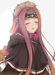 Rule 34 | 1girl, :d, black cape, braid, braided ponytail, cape, crying, closed eyes, fate/grand order, fate (series), floating hair, hair intakes, higa-shi, hood, hood down, hooded, long hair, medusa (fate), medusa (lancer) (fate), medusa (rider) (fate), open mouth, purple hair, rider, simple background, smile, solo, tears, upper body, very long hair, white background